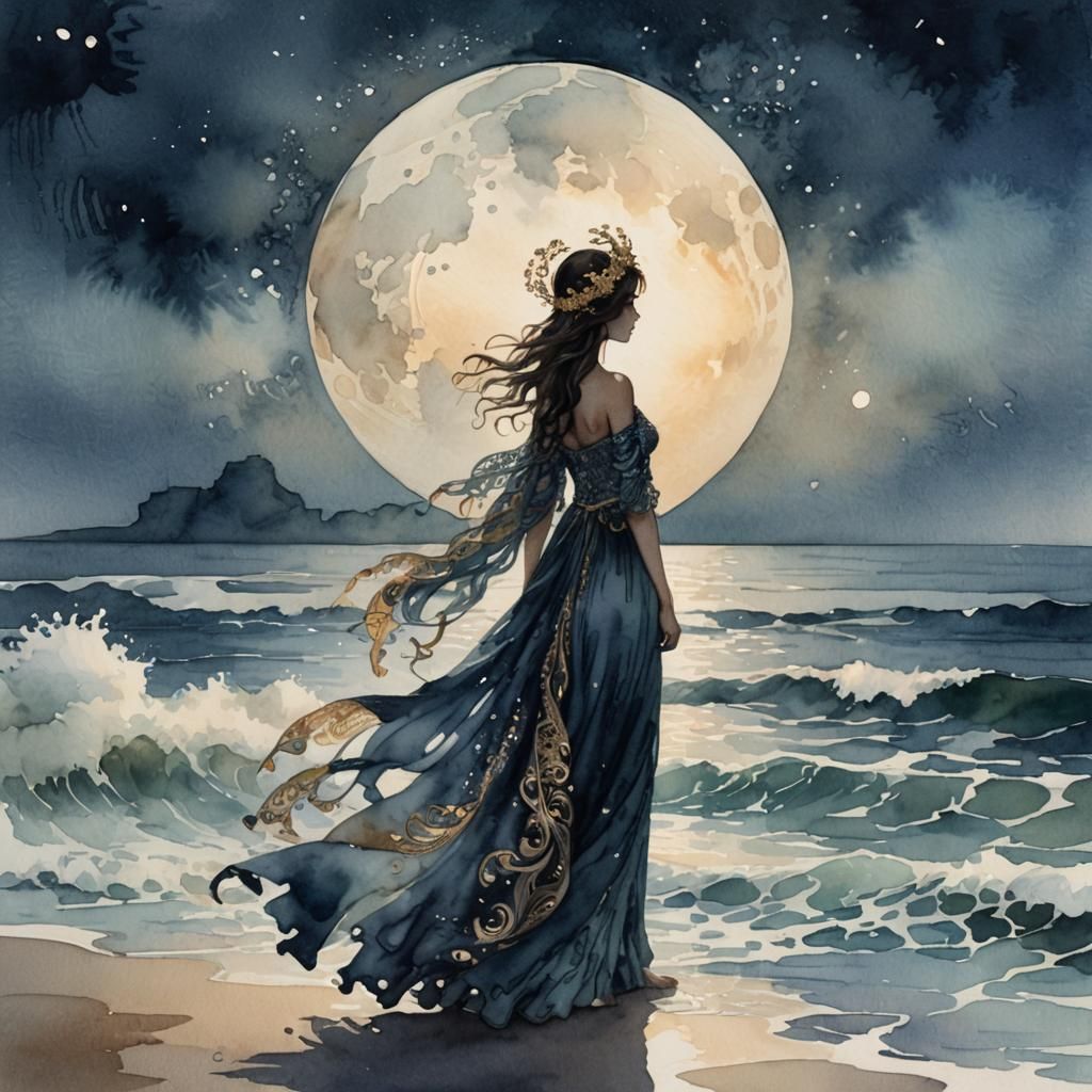 Moonlit Woman Silhouette in Art Nouveau Style