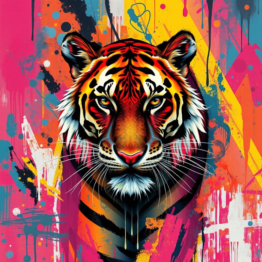 Cyberpunk Tiger in Vibrant Graffiti Dreamscape