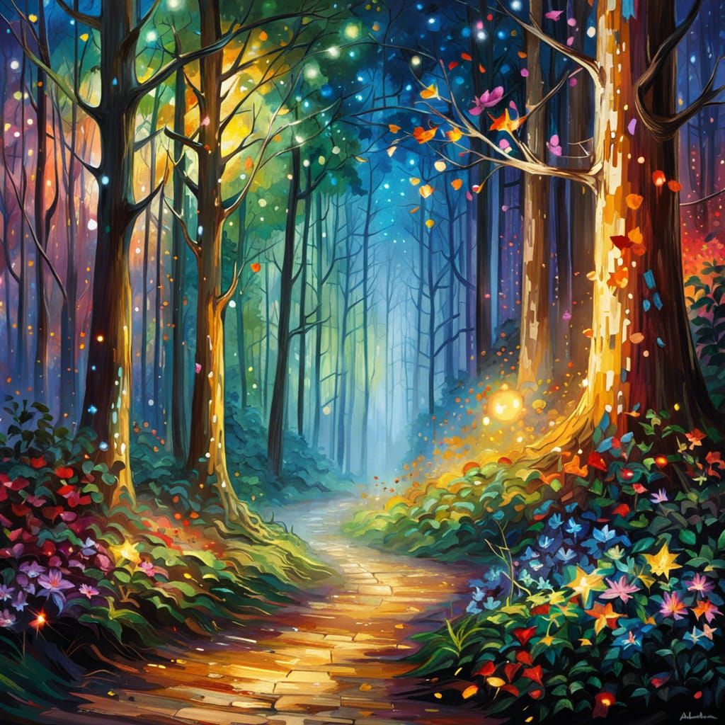 Sparkling Magical Forest in Drip Painting Style