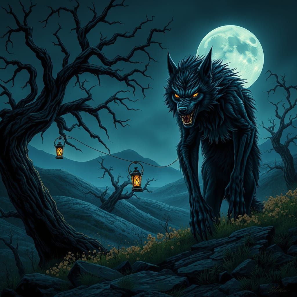 Moonlit Werewolf Hunts Under Starry Summer Sky in Surreal La...