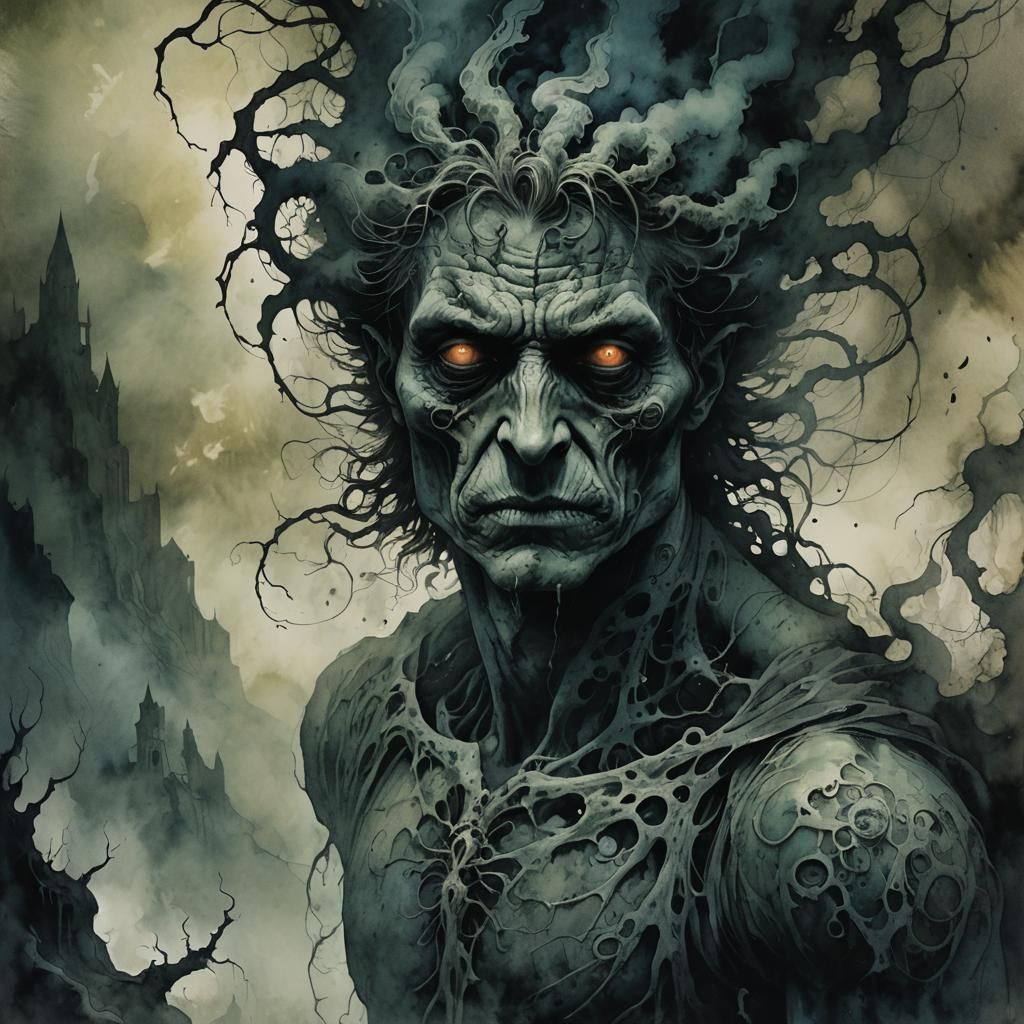 Tormented Psychopomp in Eerie Surrealism Style