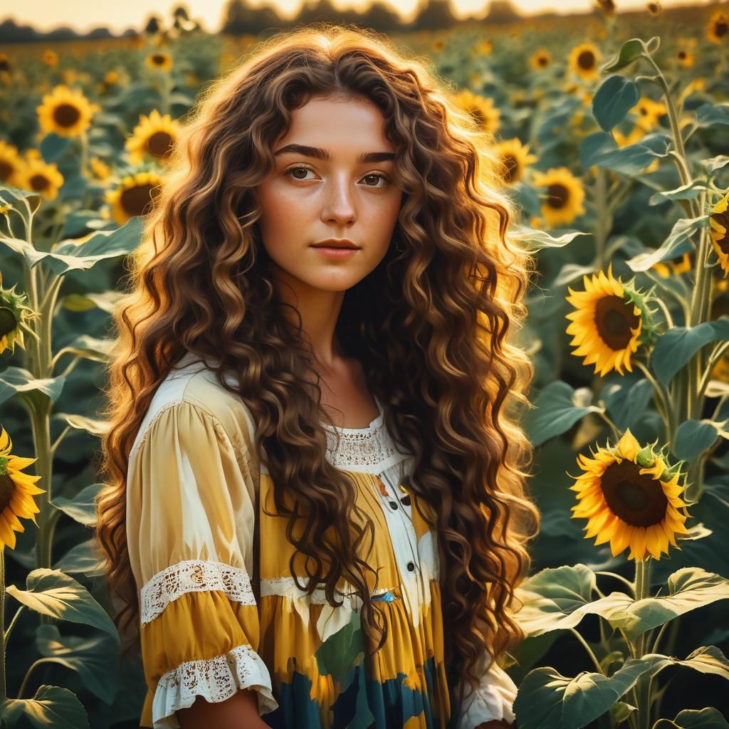 Woman in Sunflower Field at Golden Hour