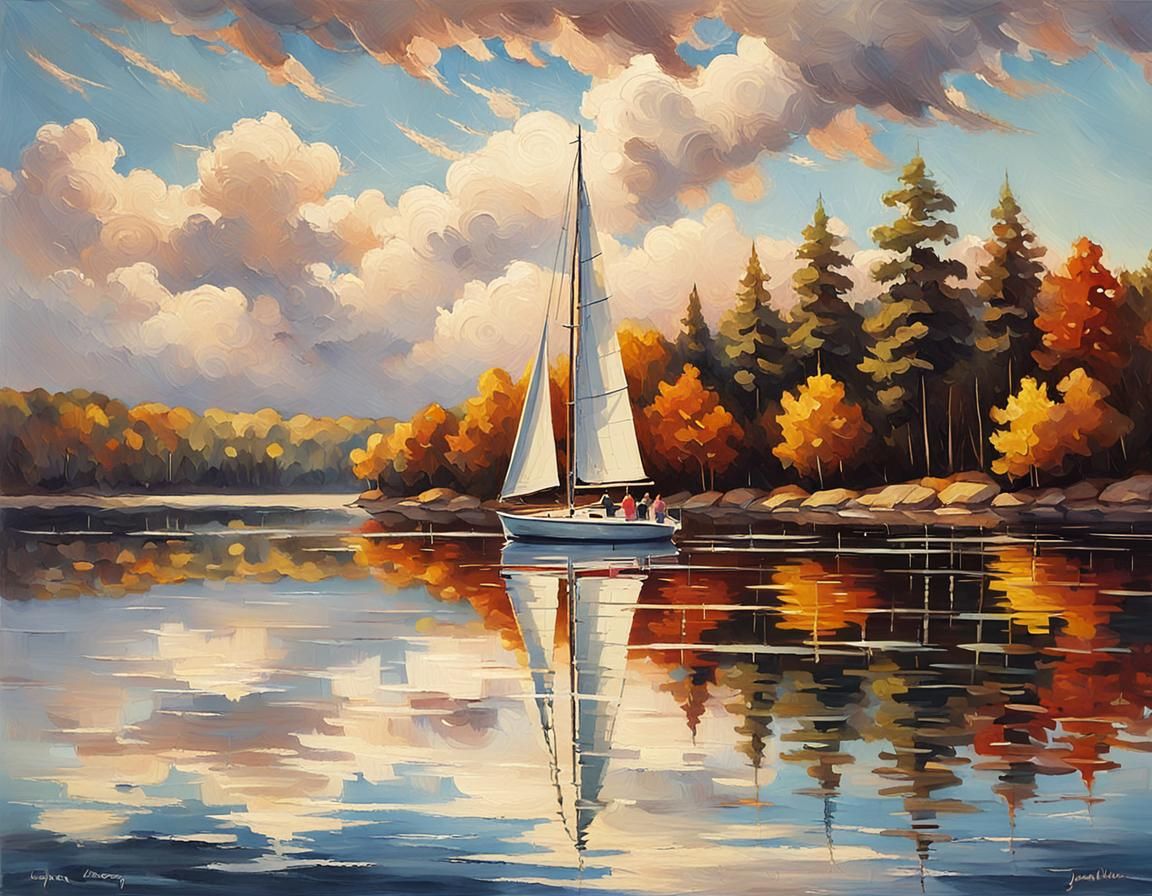 Sailboat on Lake: Oil Painting in Autumn Colors
