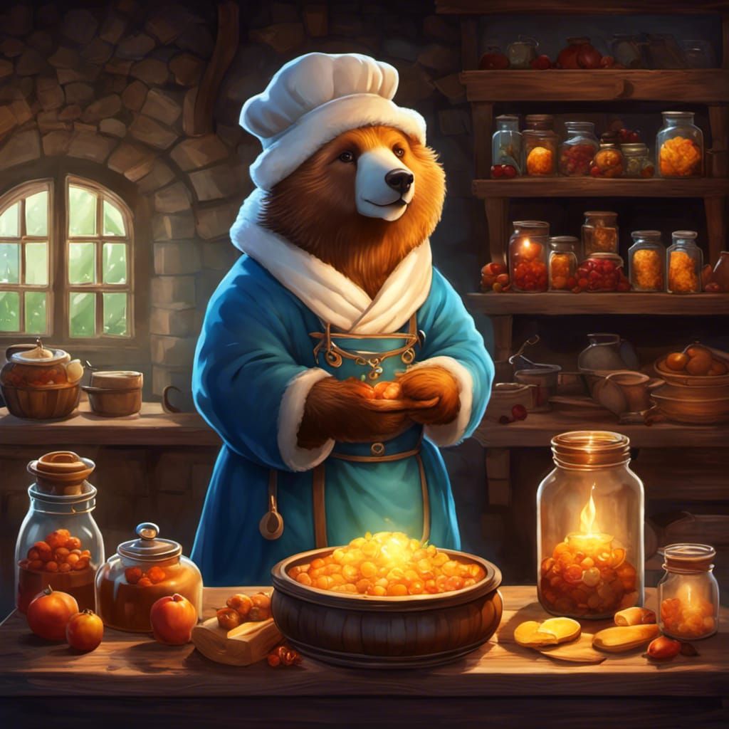 Fantasy Bear Housekeeper in Magical Kitchen