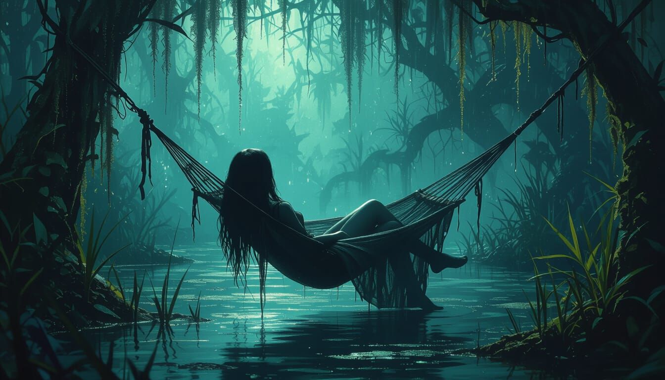 Soul Stumbles Into Spiderweb Hammock in Dark Fantasy Style