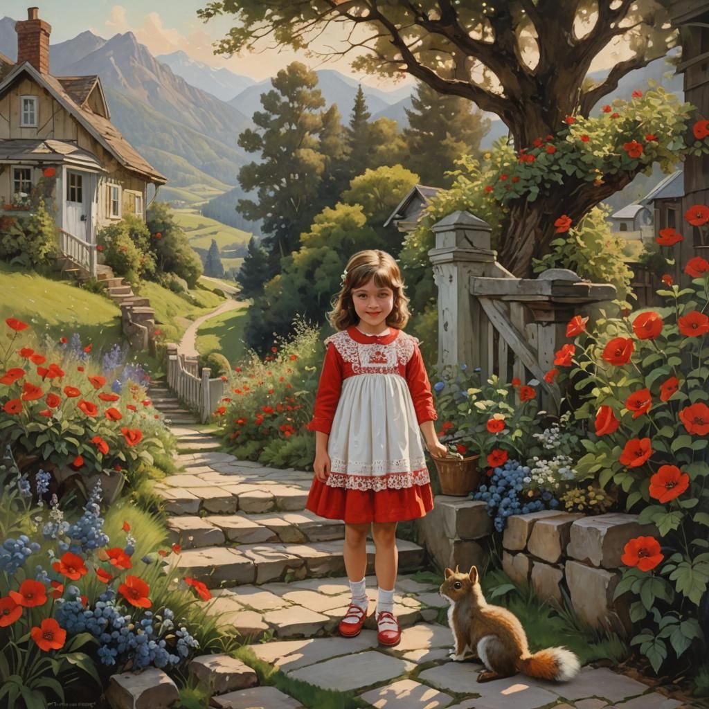 Girl on Cottage Porch in Oil Painting Style