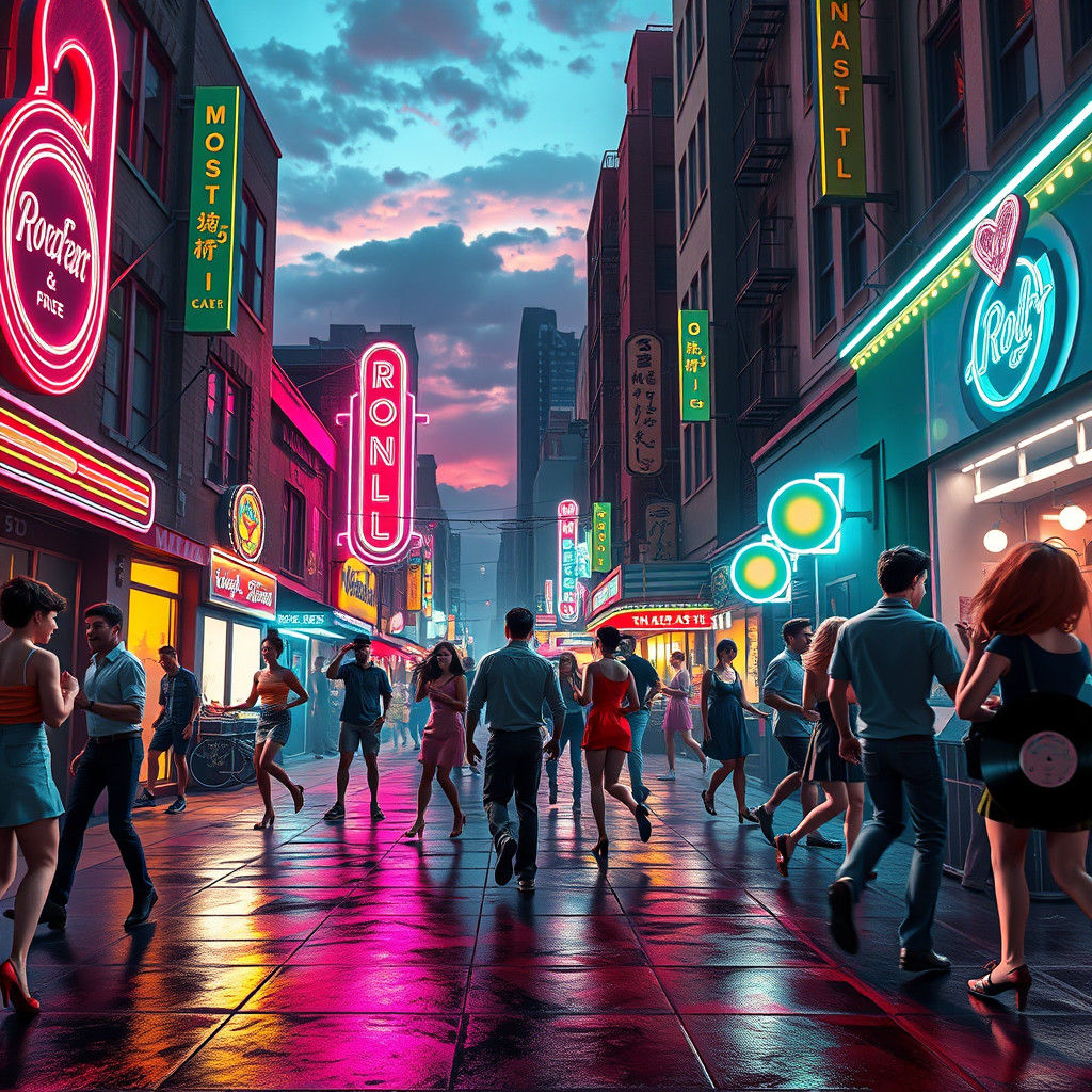 1950s Rock 'n' Roll Scene in Neon Lights