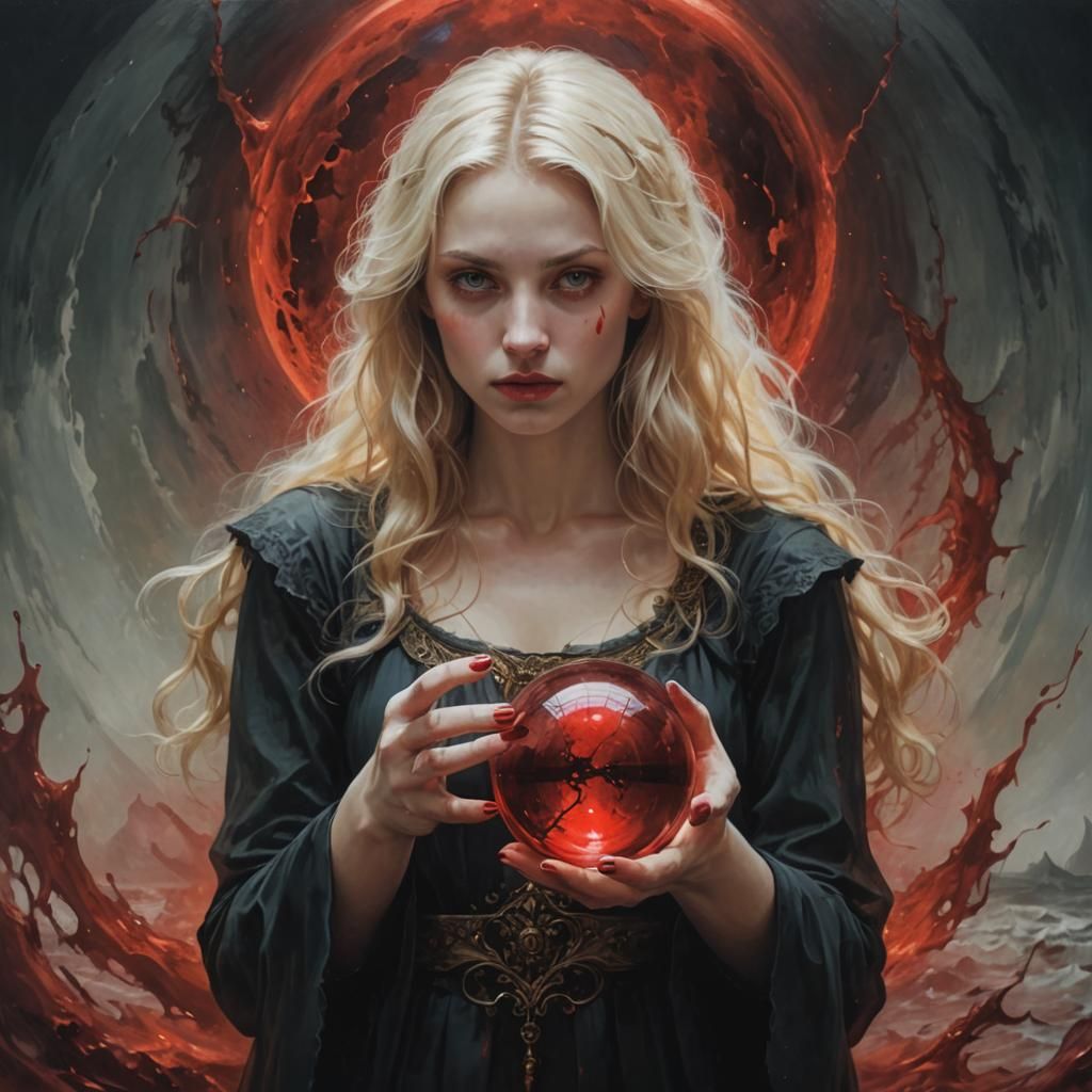 Blonde Woman Holding Orb Reflecting Red Sea