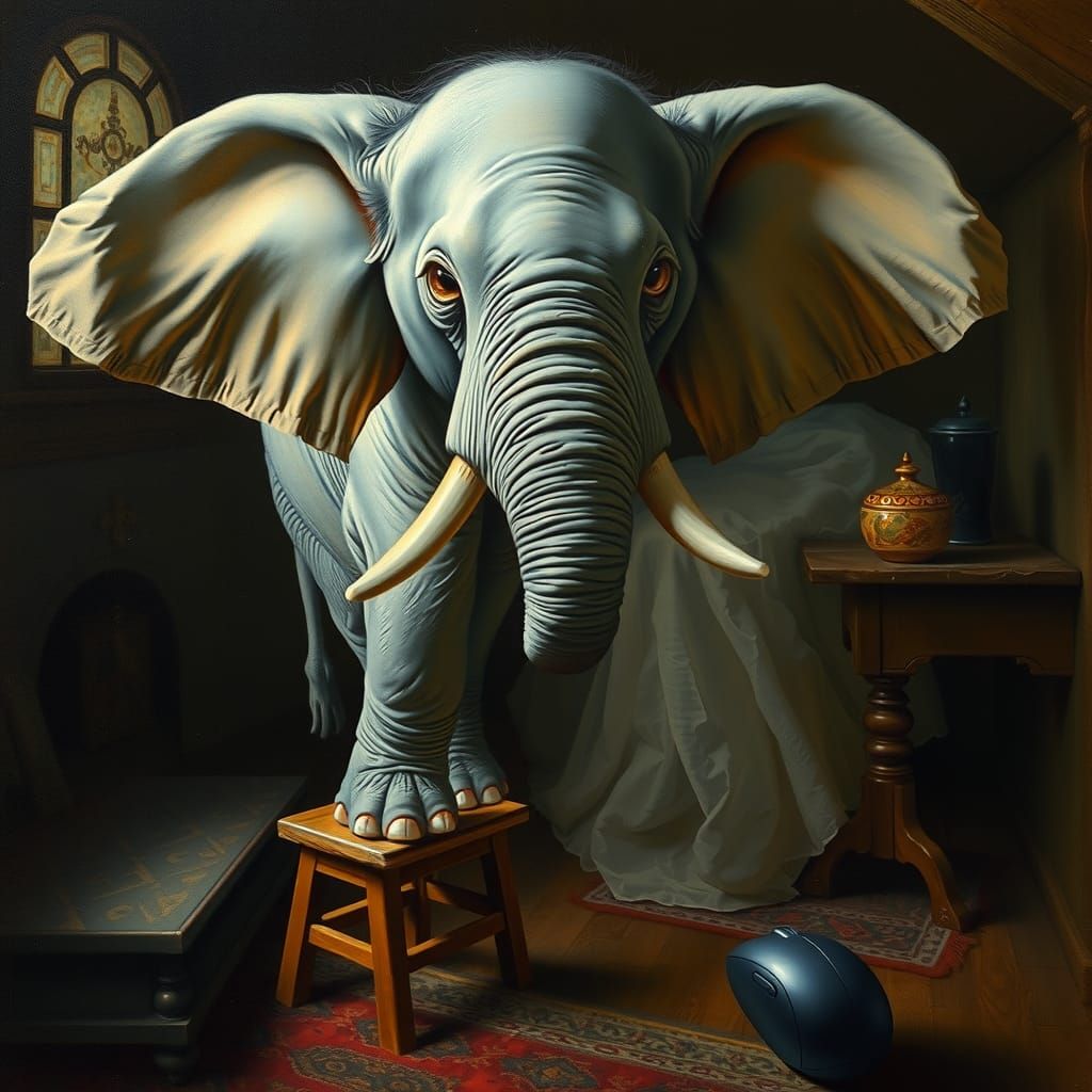 Terrified Elephant in Cottage: Rembrandt-Inspired Fantasy