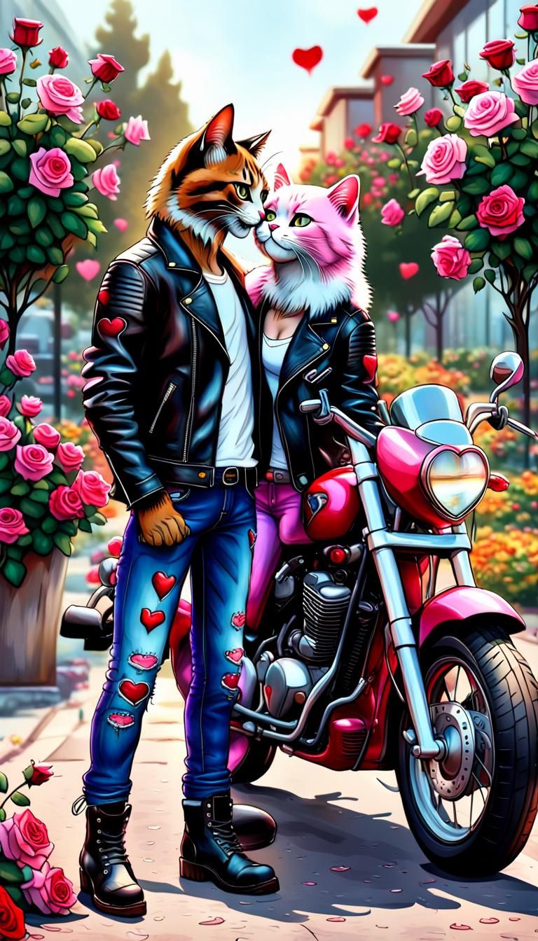 Cartoon Cats Kissing in a Rose Heart, Digital Illustration