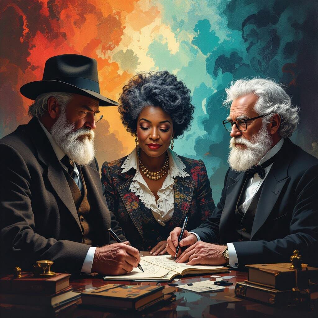 Fantastical Collage of American Writers in Matte Painting St...