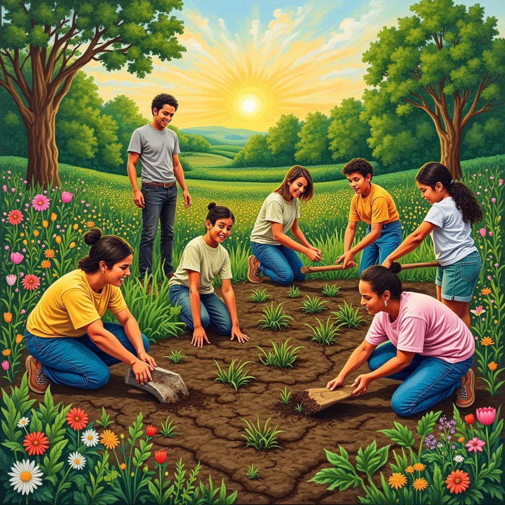 Community Gardeners in Folk Art Style