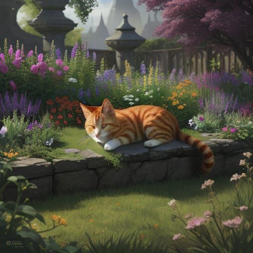 Whimsical Ginger Cat Slumbers in a Vibrant Garden Oasis