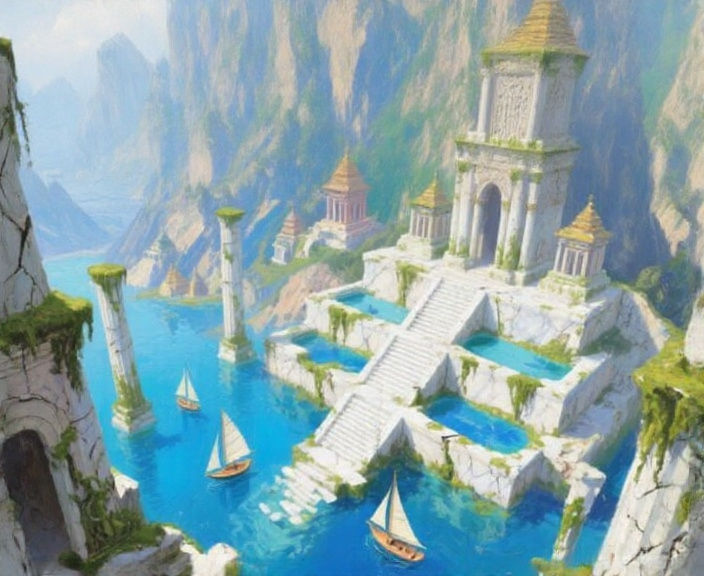 Sailboats in Abandoned Temple: Impasto Art