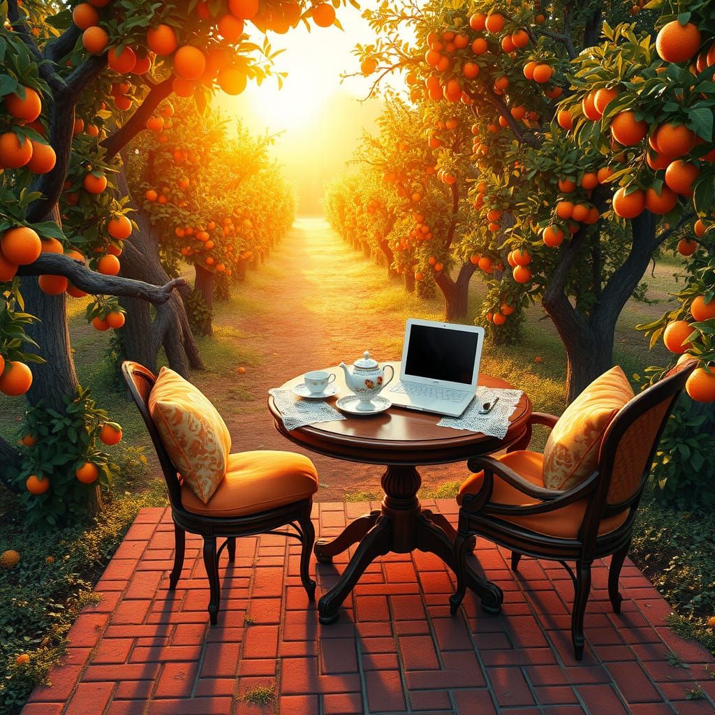 Romantic Watercolor Sunset in a Vibrant Orange Orchard
