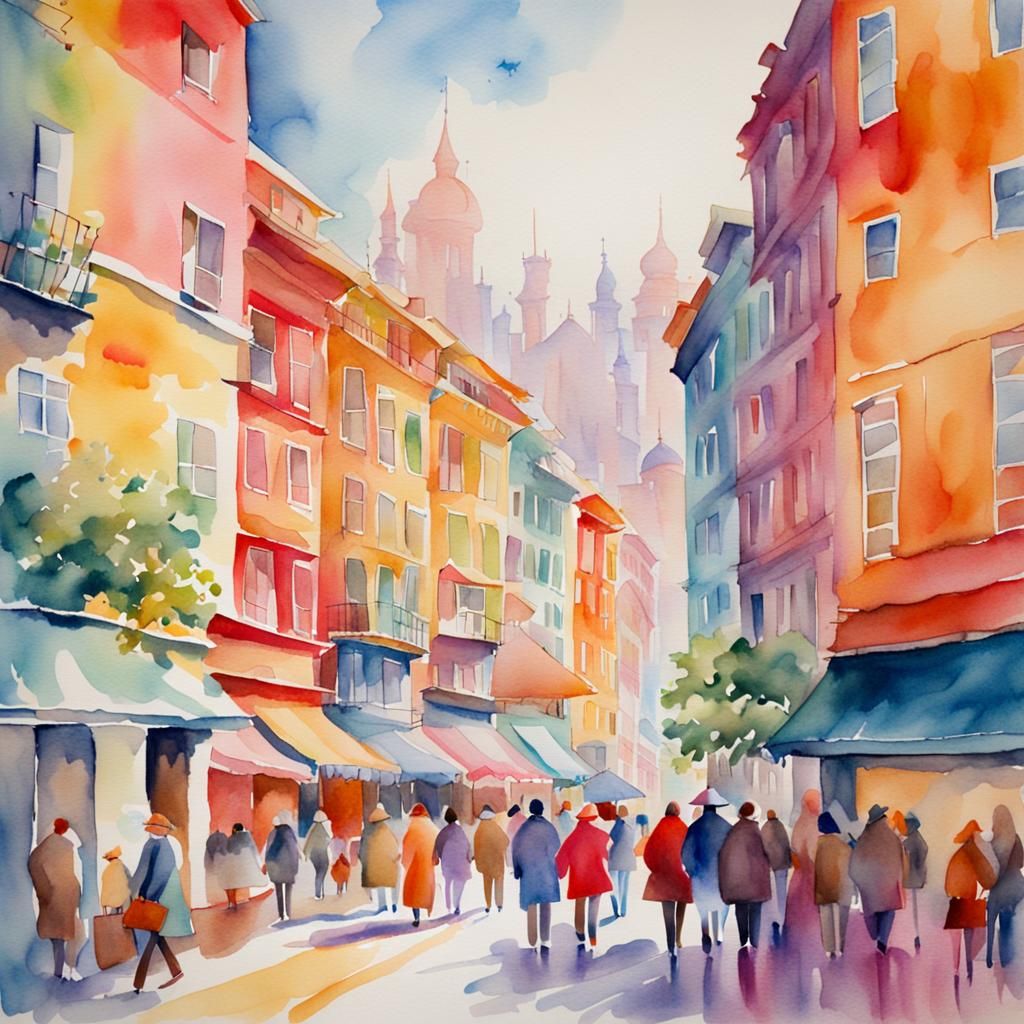 Fantasy Cityscape in Watercolor with Pastel Colors