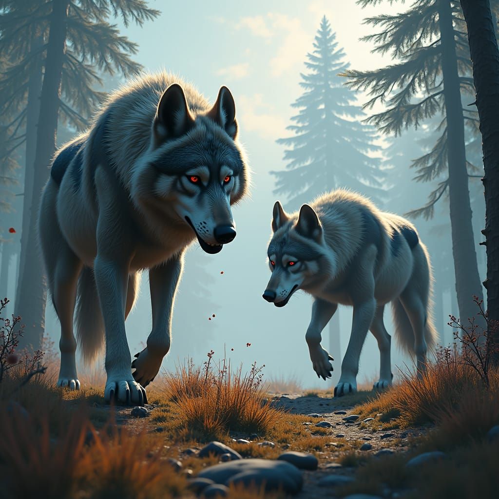 Giant Wolves Hunt in Russian Village: Detailed Matte Paintin...