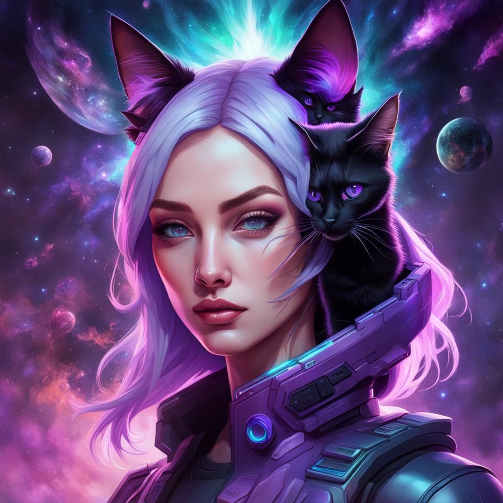 Girl with Cat in Nebula, Hyperdetailed Digital Art