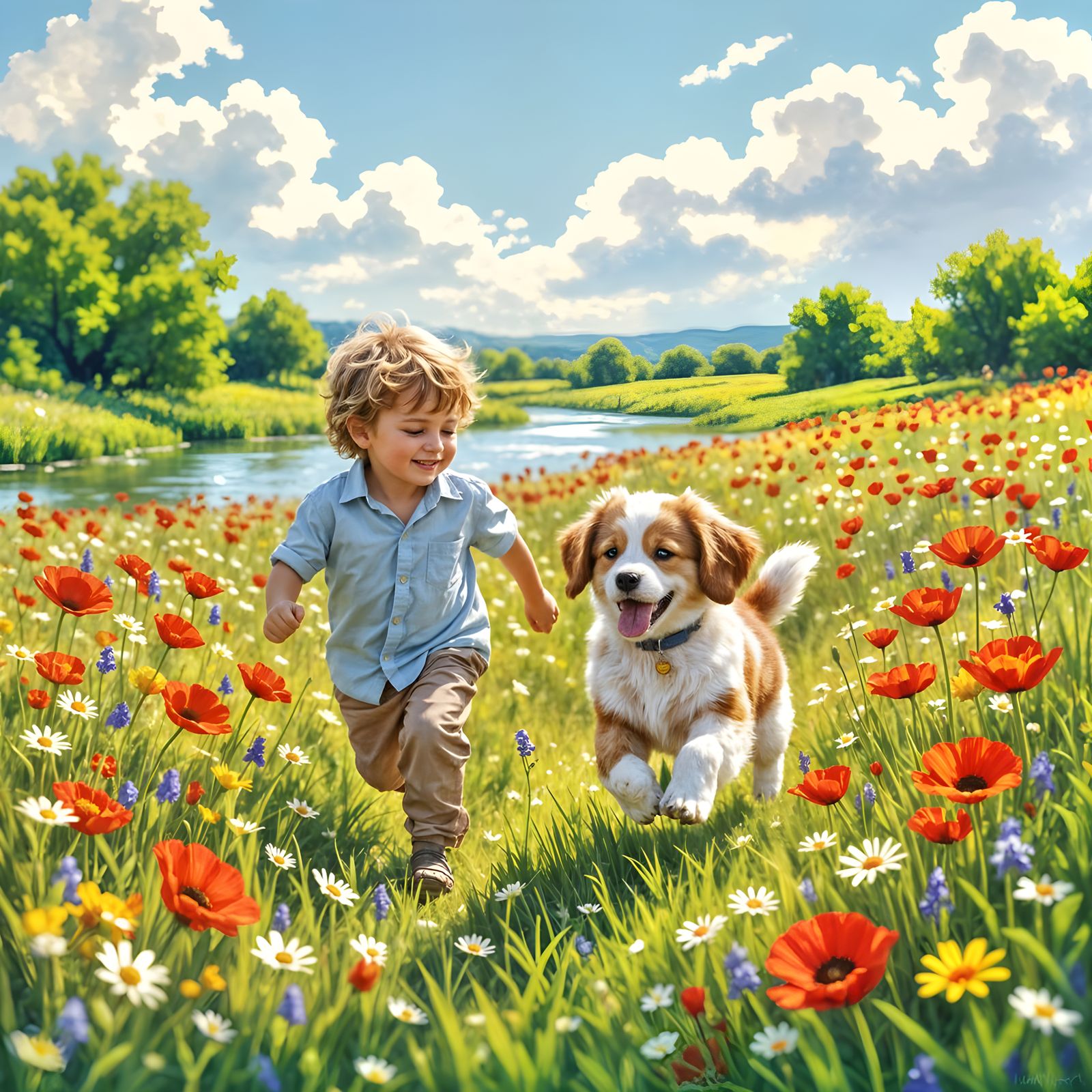 Cute Boy and Puppy in Texas Flower Field