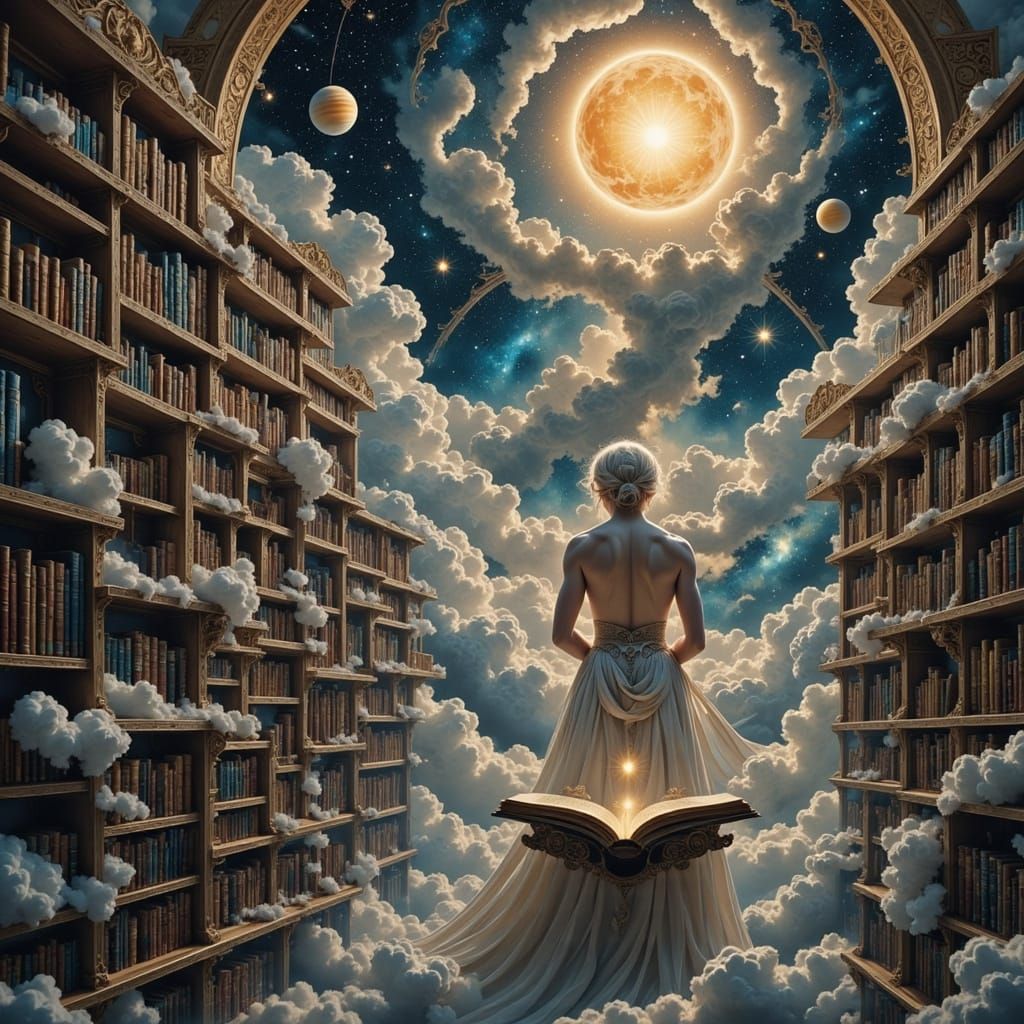 Celestial Librarian in Saturn's Rings, Art Nouveau Style