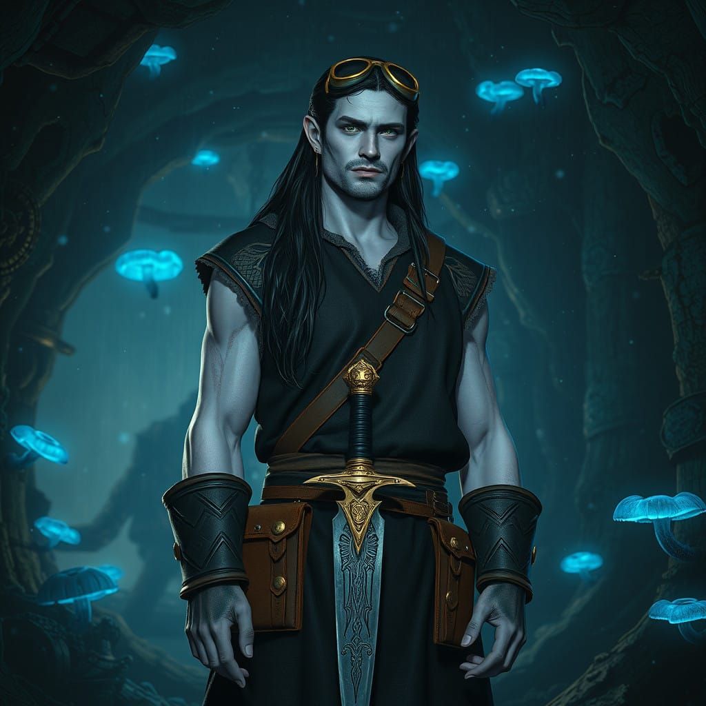 Half-Dwemer, Half-Snow Elf Man in Ancient Ruin, Illuminated...