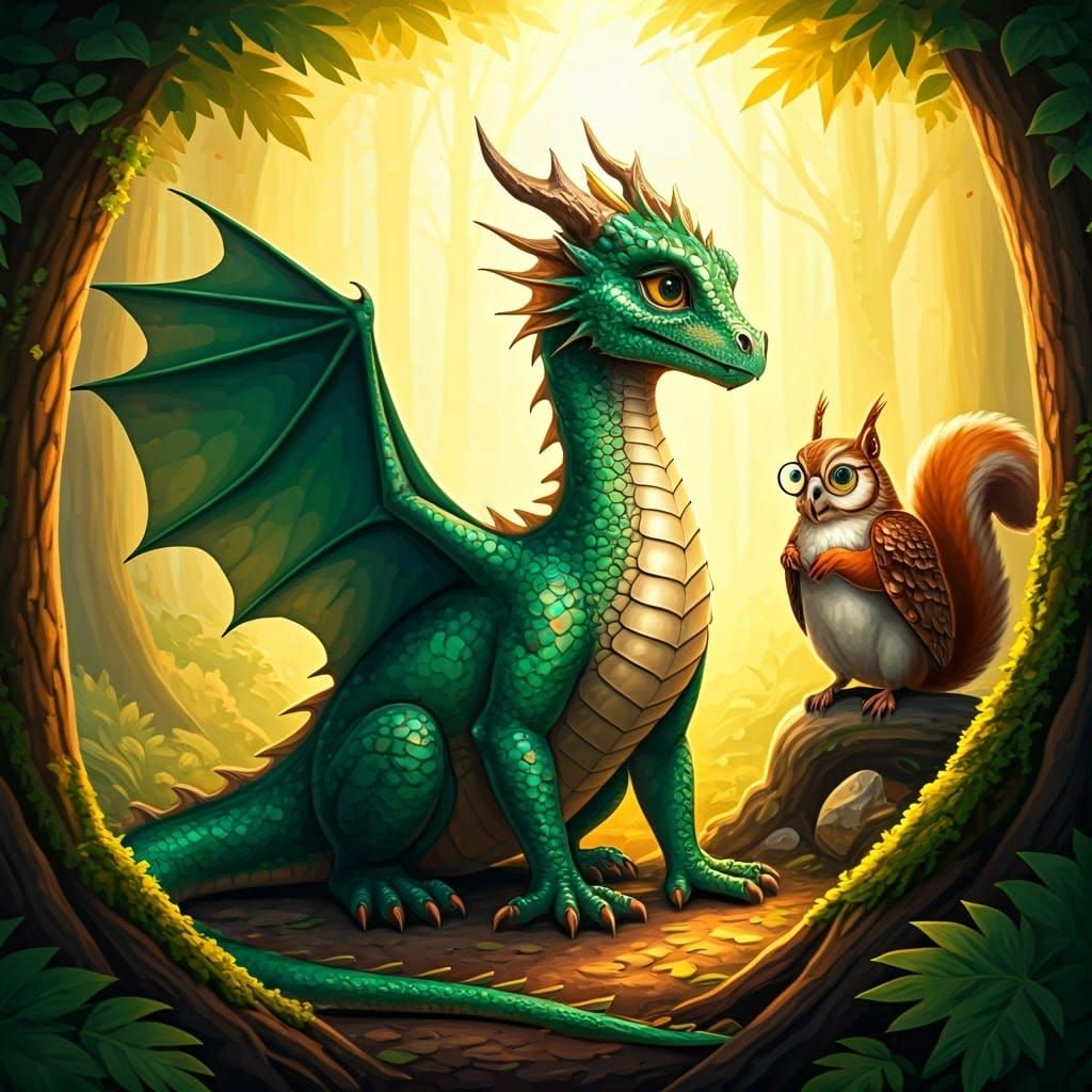 Green Dragon, Owl, and Squirrel in Enchanted Forest