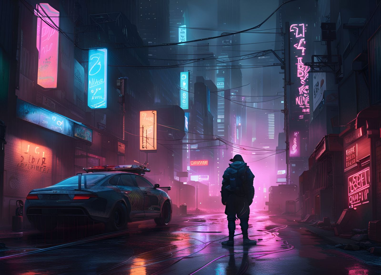 Dystopian Cyberpunk City Street at Night