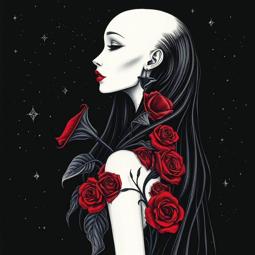 Surreal Gothic Woman with Flowers Sketch