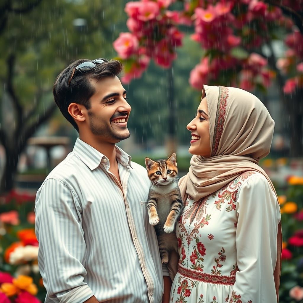 Turkish Couple Laughing in Rainy Flower Park