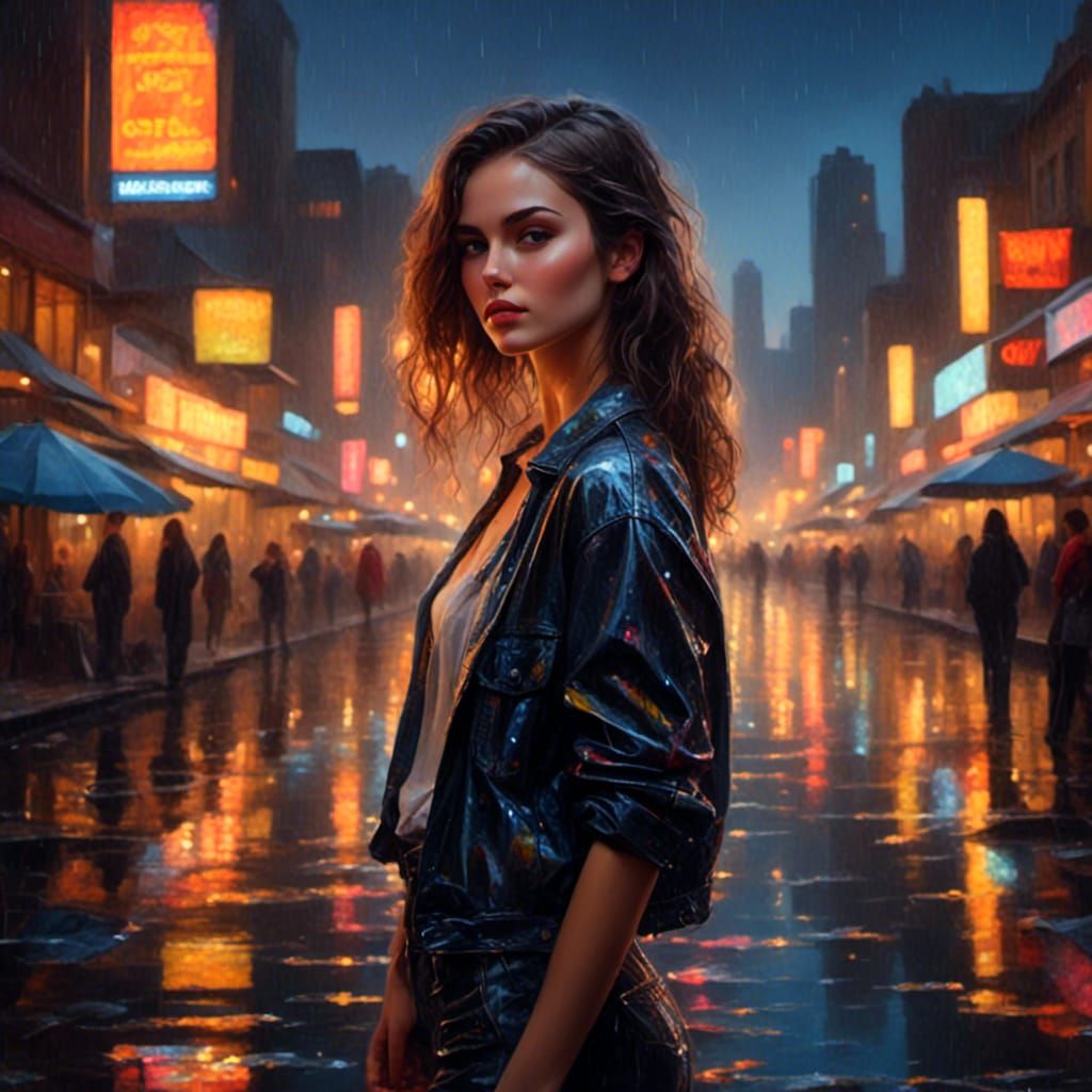 Cool Brunette with Wet Hair and City Lights