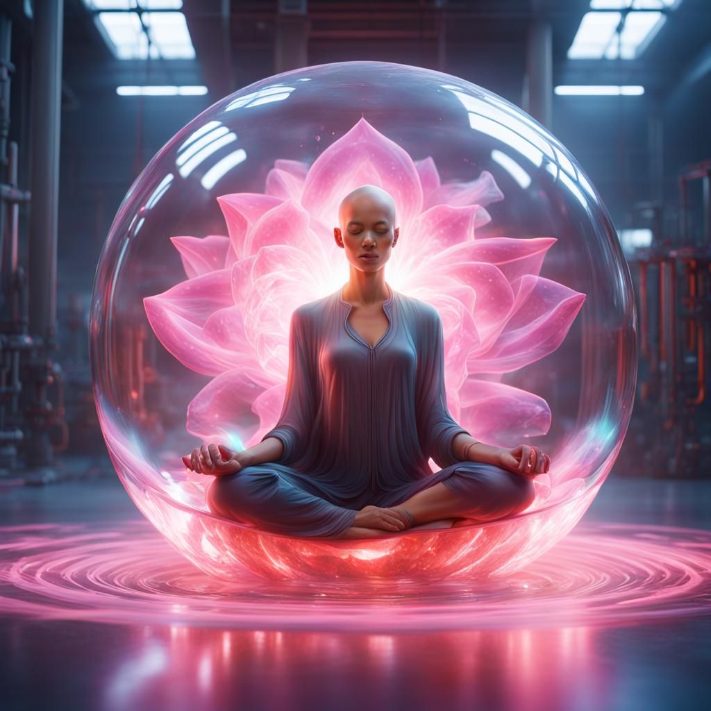 Bald Woman in Glass Cube with Plasma Globe
