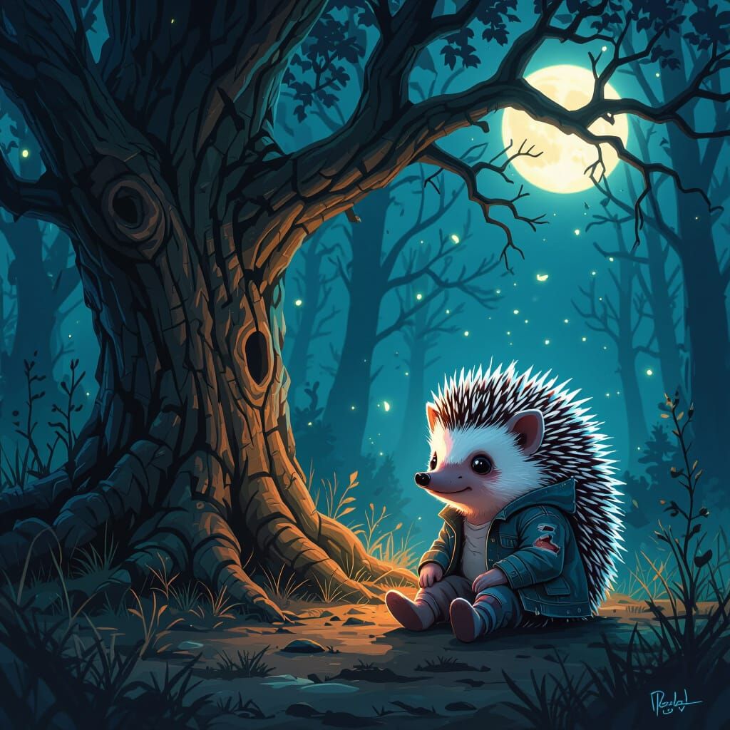 Frightened Neon Hedgehog Under Ancient Tree