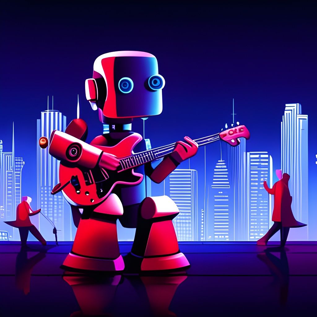 Robot Jazz Musician in Futuristic Cityscape
