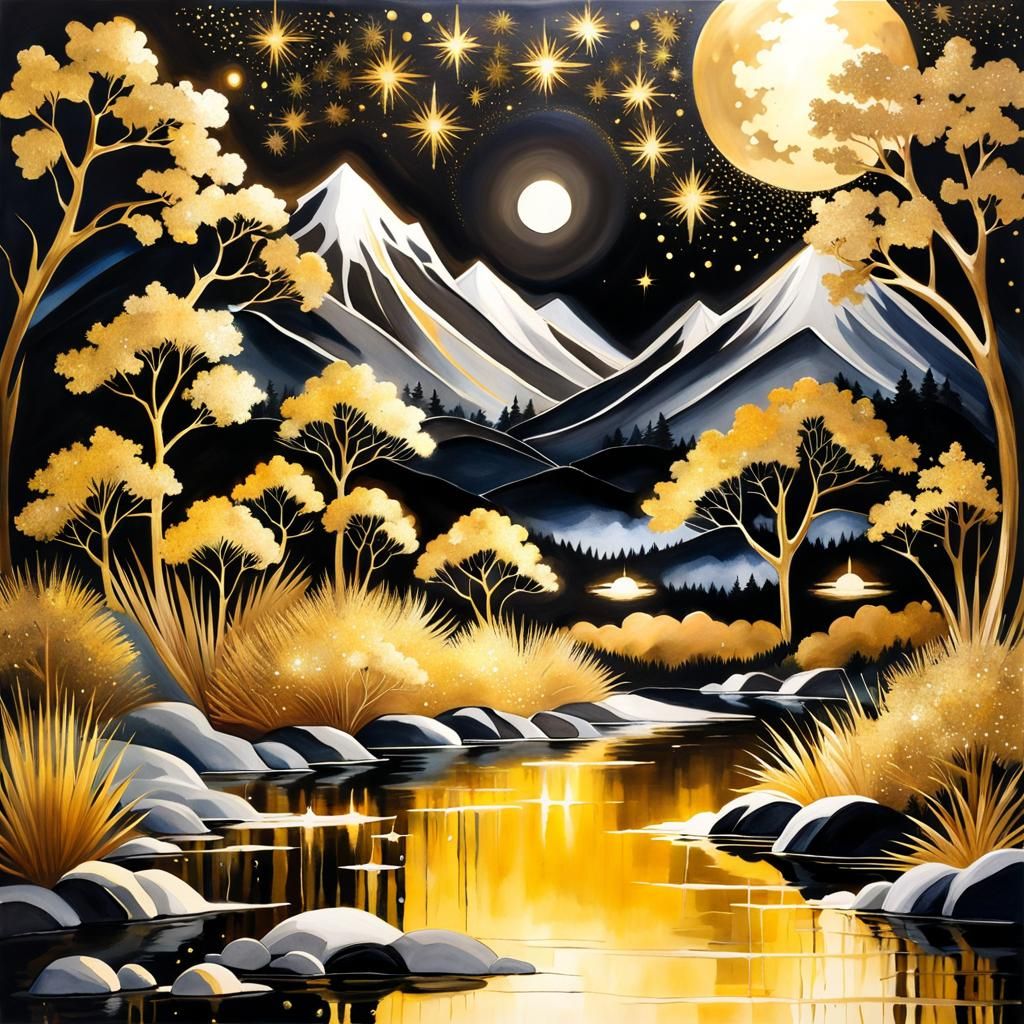 Elegant Black and Gold Pond: Abstract Watercolor