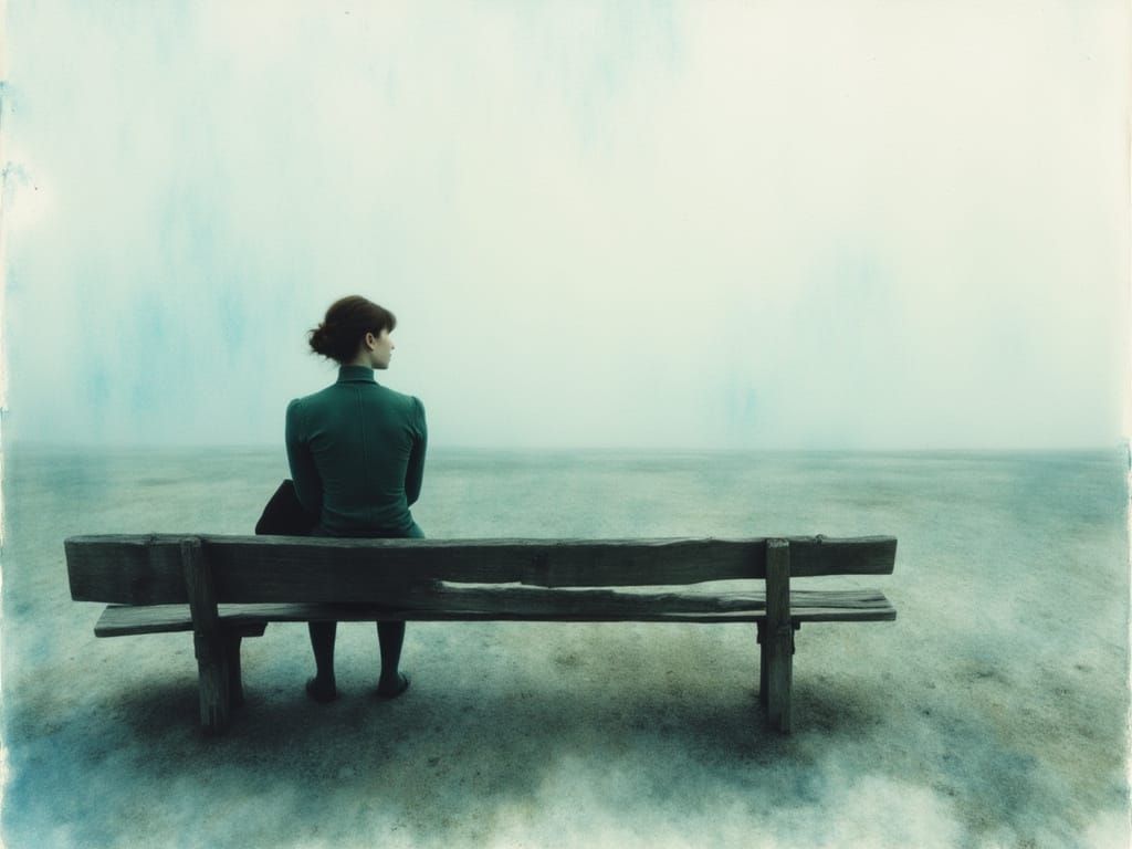 Lone Figure on Bench in Serene Watercolor Style
