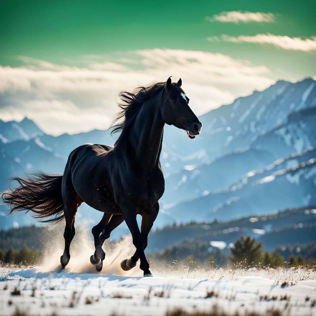 Black Stallion Rears in Mountain Meadow