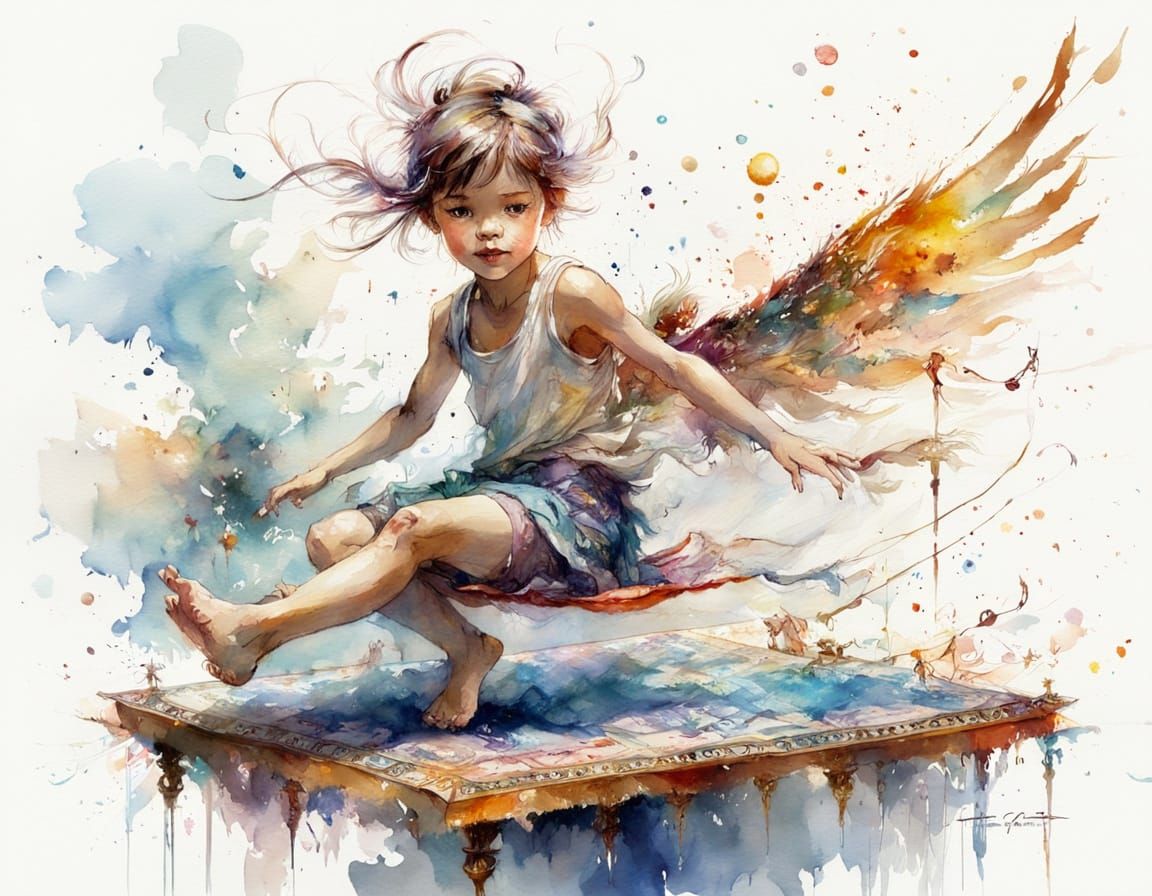Pixie Riding Magic Carpet in Expressive Watercolor Style