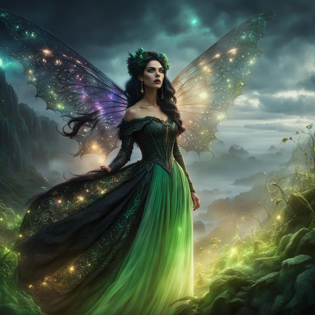 Aetherpunk Fairy Queen in Green Gown