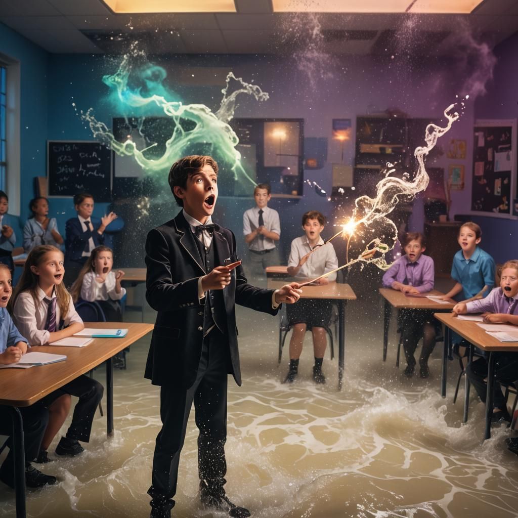 Surprised Magician in Flooded Classroom with Blacklight