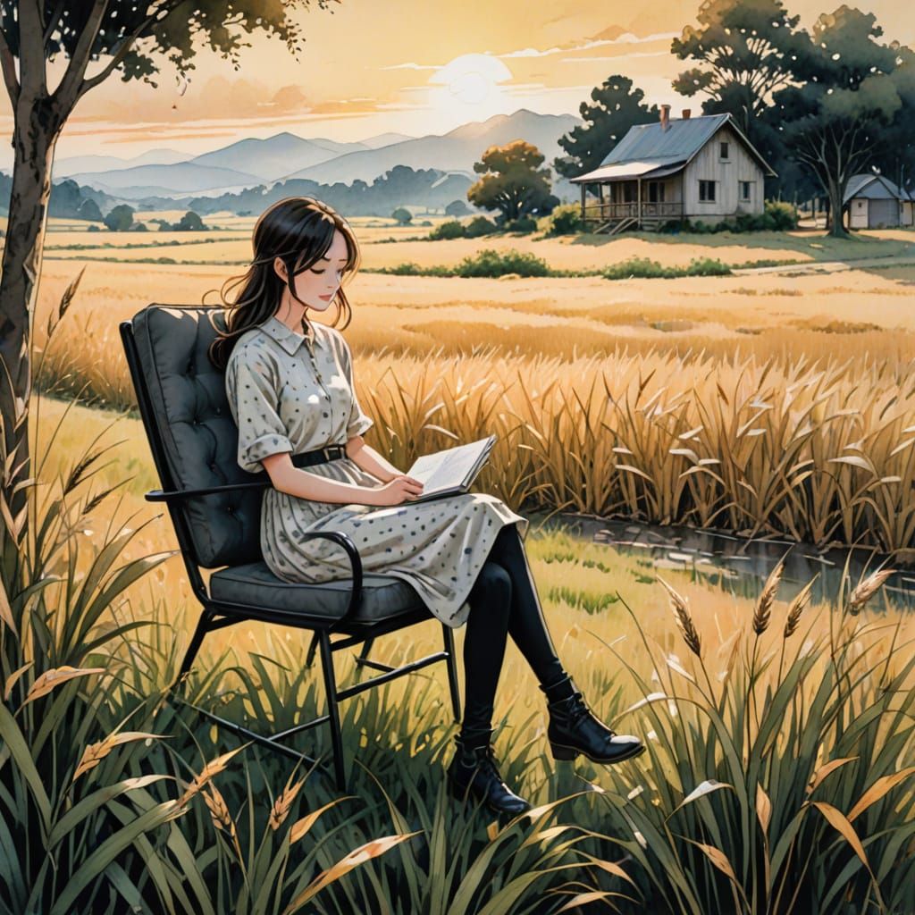 Girl on Chair in Rural Setting as Manga Art