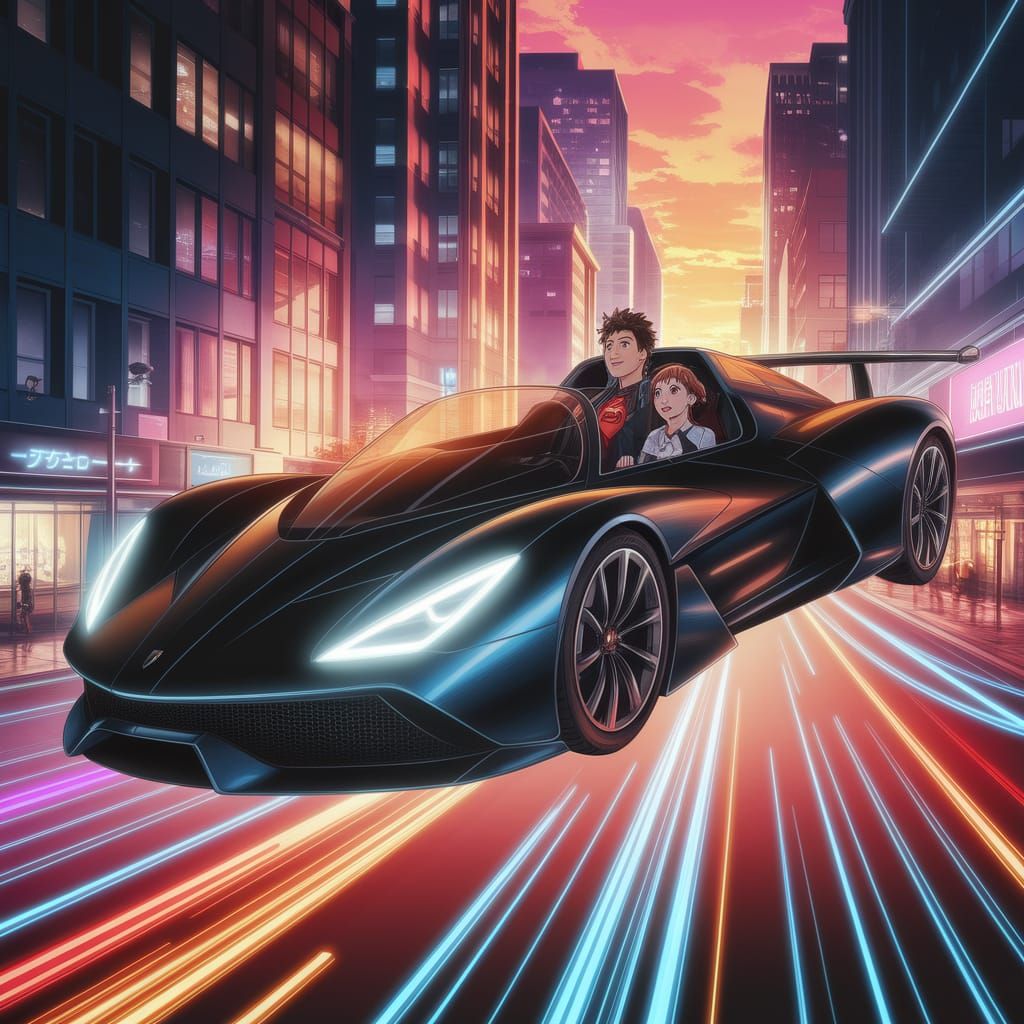 Sci-Fi Car Over Neon Cityscape at Sunset