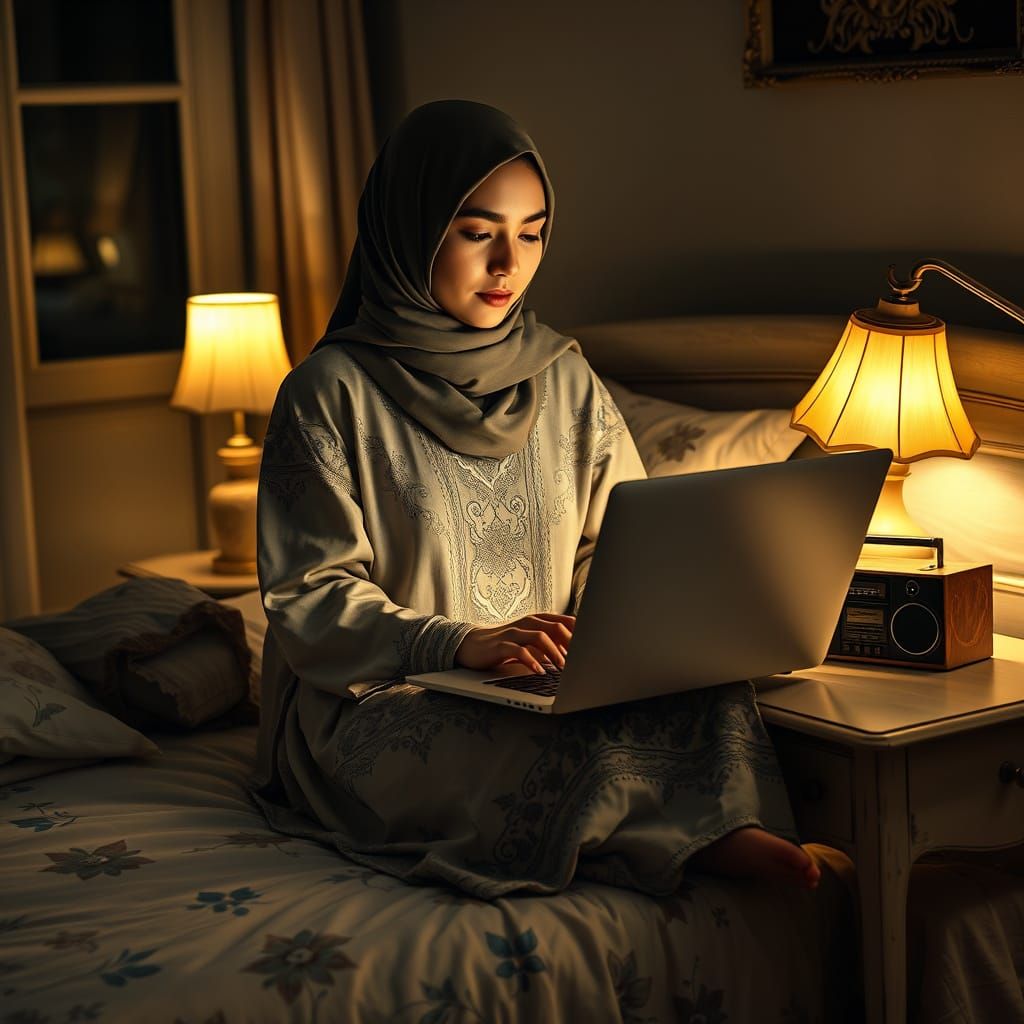 Young Woman in Cozy, Golden Lighting, Working on Laptop in H...