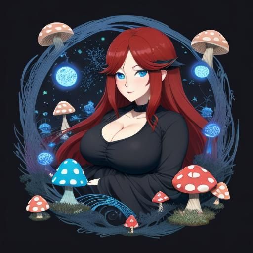 Anime Mushroom Woman in Magic Forest at Night