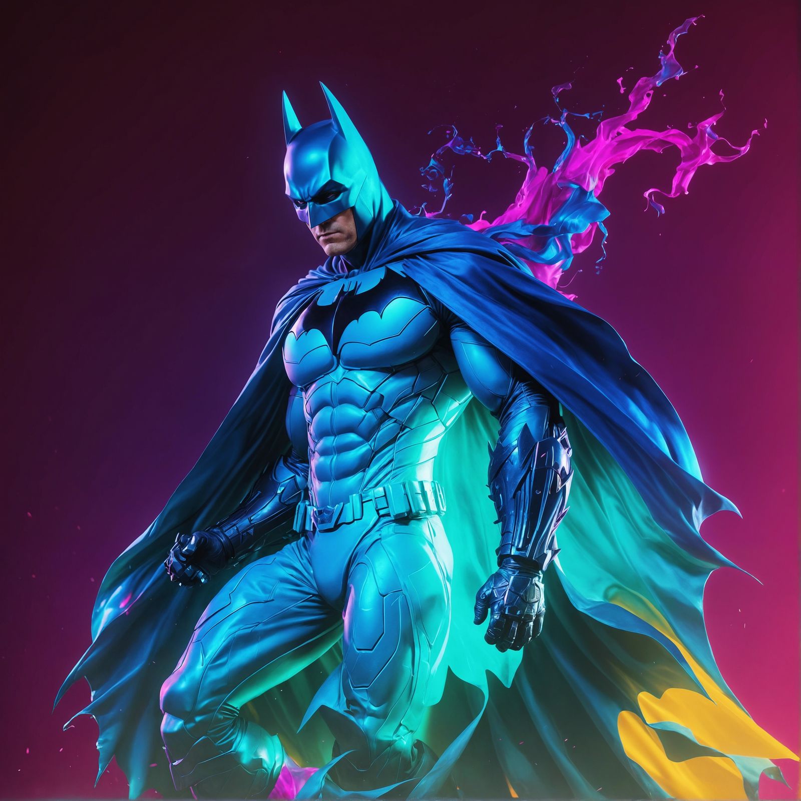 Batman with Flowing Cape in Synthwave Style