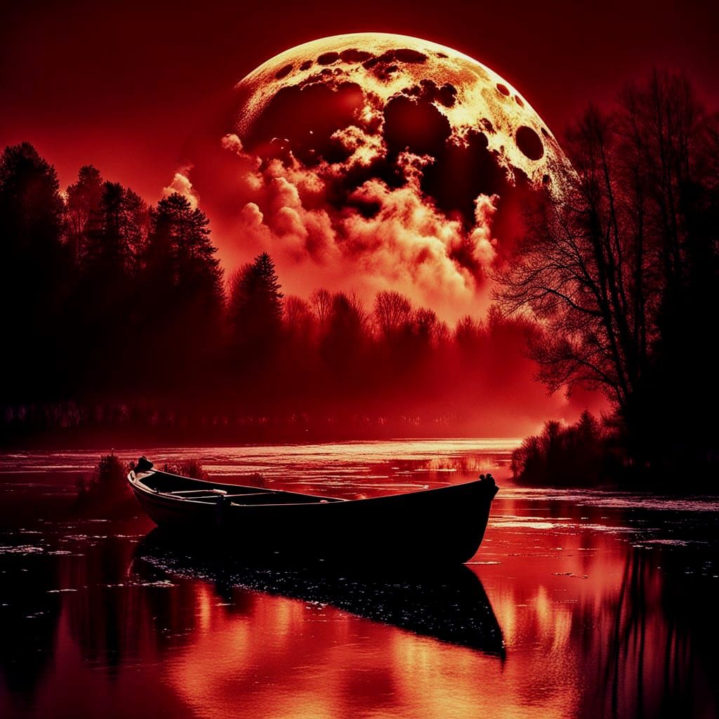 Ethereal Crimson Moonlit River Scene in Hyperdetailed Cinema...
