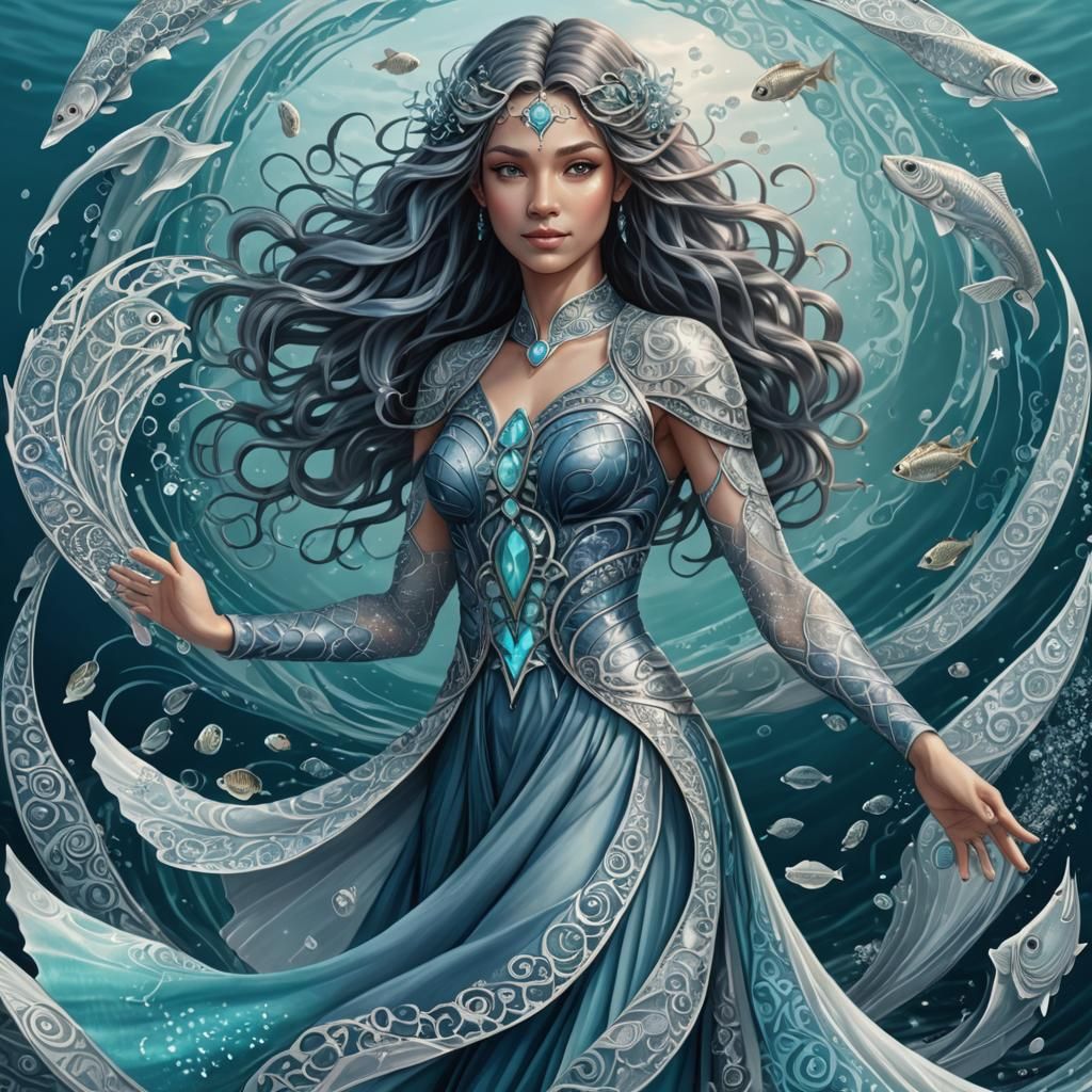 Half-Elven Waterbender in Bioluminescent Ocean