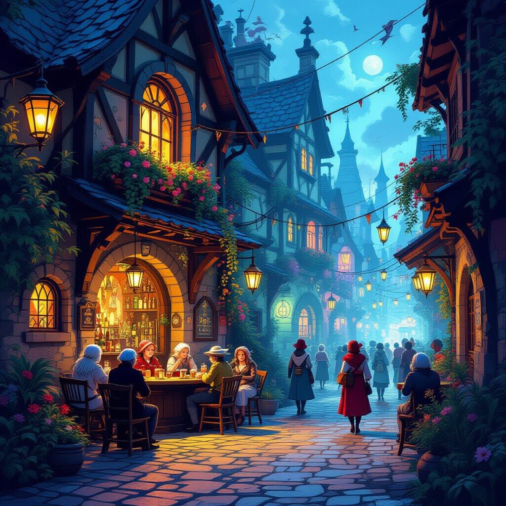 Fantastical Tavern Alley with Ethereal Patrons