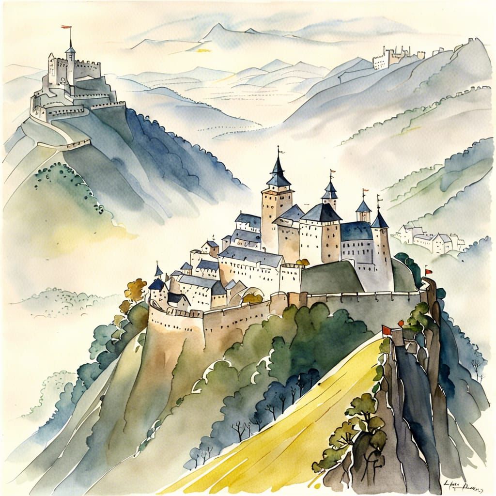 Hohensalzburg Fortress in Morning Fog, Watercolor