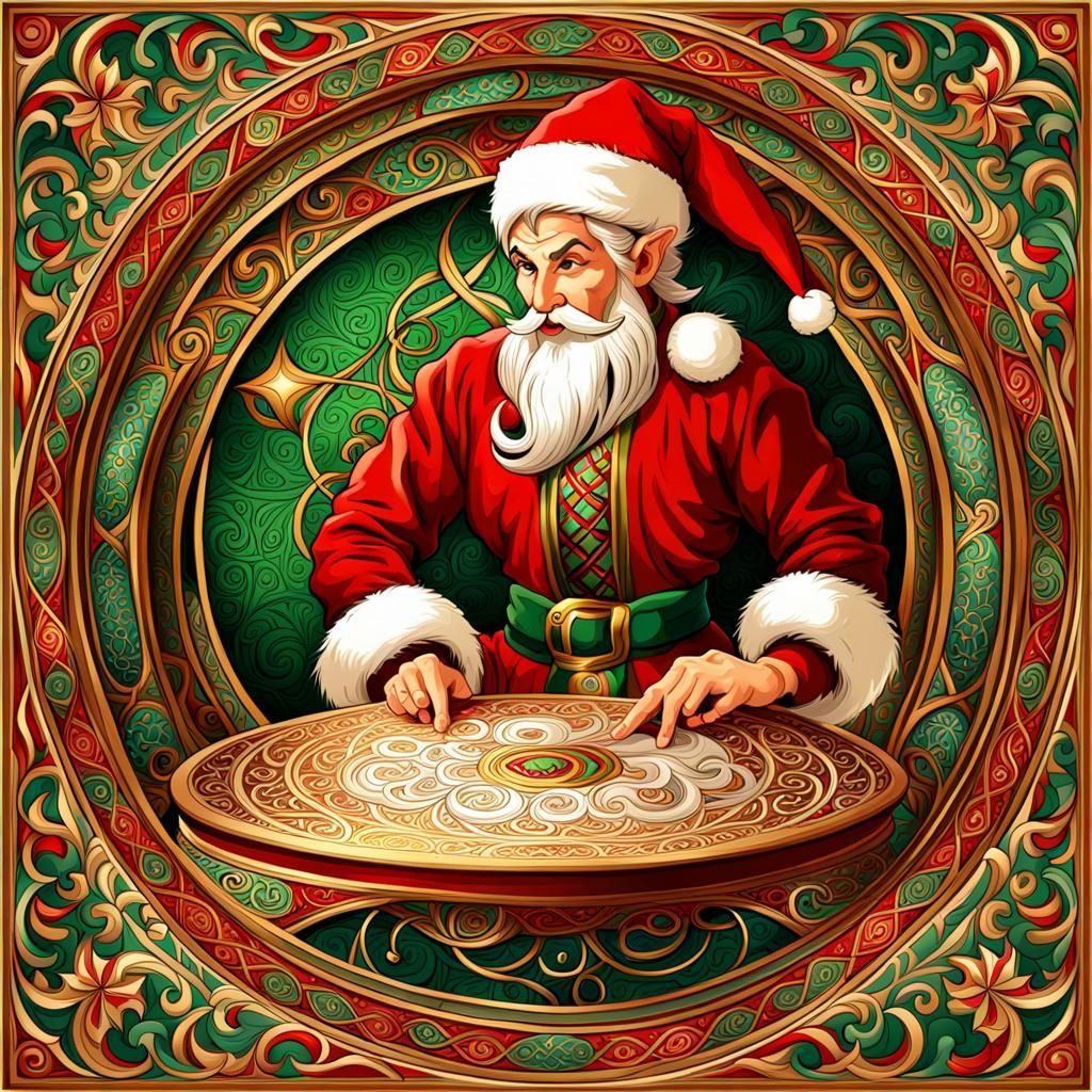 Elf Prepares for Christmas: Stylized Geometric Painting