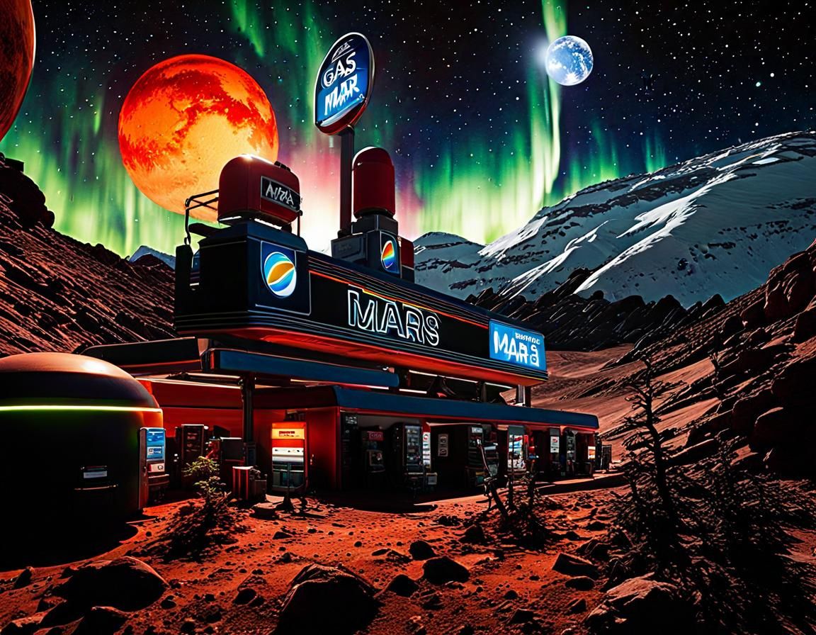 Martian Gas Station Under Aurora: Cyberpunk Graffiti Art